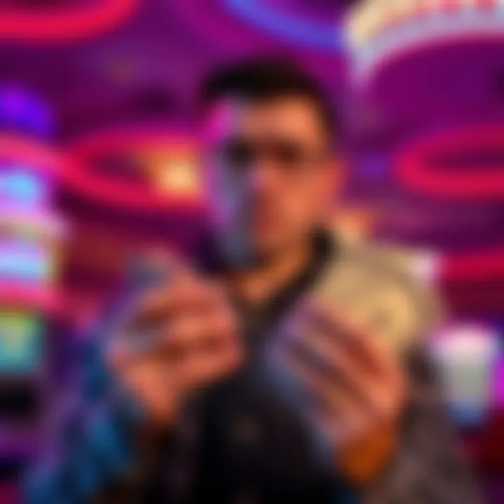Gambler Holding Chips and Cash A gambler looks conflicted, holding a stack of chips and cash in a Las Vegas casino, showing excitement and discomfort after a big win.