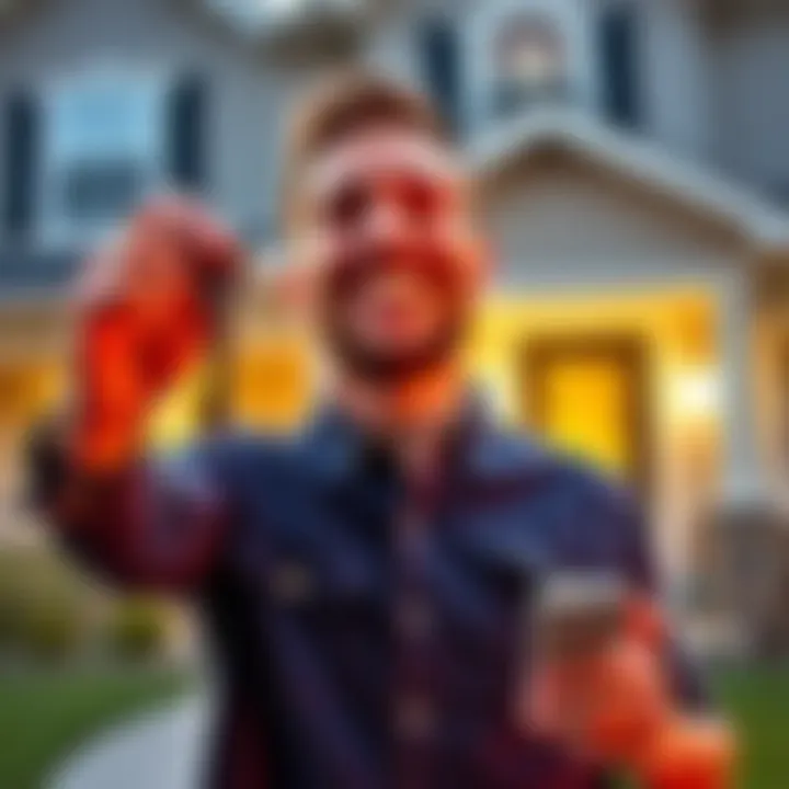 A man smiling and holding a house key, standing in front of his home with a joyful expression, symbolizing victory over gambling challenges.