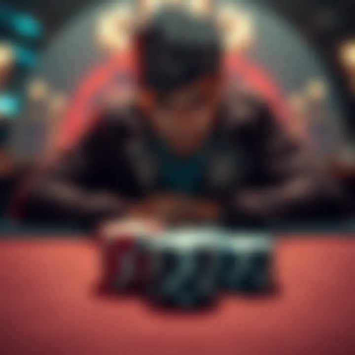 A person sitting alone at a table with a poker chip stack, looking worried and sad, symbolizing the struggle with gambling addiction