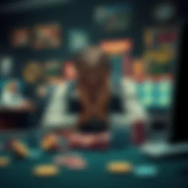 Gambler in distress A distressed gambler sits at a table with a head in hands, surrounded by empty chip trays and a computer screen showing gambling sites.