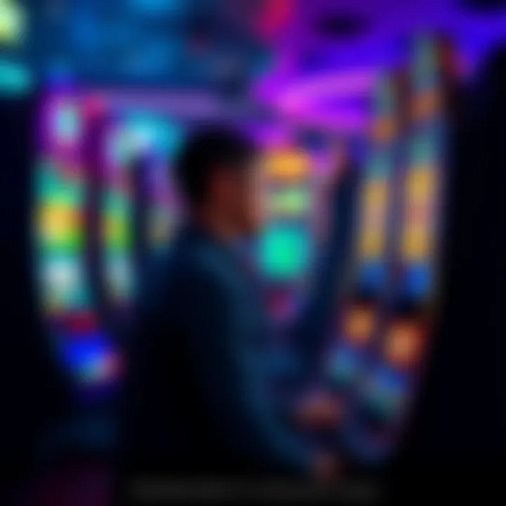 Gambler at a Jackpot Machine A person contemplating their choice at a casino jackpot machine, surrounded by colorful lights and excitement, weighing the option to cash out or continue playing.