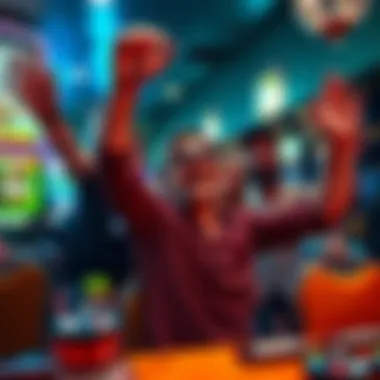 Gambler Celebrates Jackpot Win Gambler in New Orleans excitedly celebrating a $39,000 jackpot win with friends at a sportsbook after a baseball game.