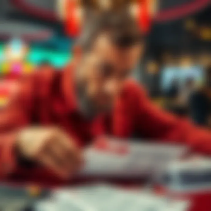 Gambler looking at losses A worried gambler stares at a betting slip with a calculator and tax forms on the table, reflecting on a gambling loss.