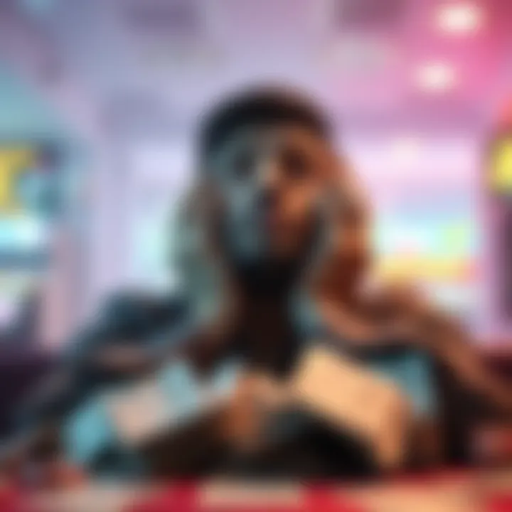 A worried man with hands on his face gazes upwards, reflecting his desperation after losing money in a gamble, with lottery tickets scattered around him.