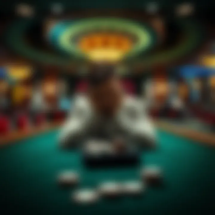 Gambler Losing Money at Casino A frustrated gambler sitting alone at a casino table, looking at empty chip stacks while a dealer waits.