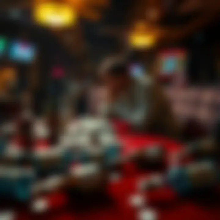 A distressed gambler sits at a table with empty bottles and bills scattered around, highlighting the emotional impact of addiction and financial loss.