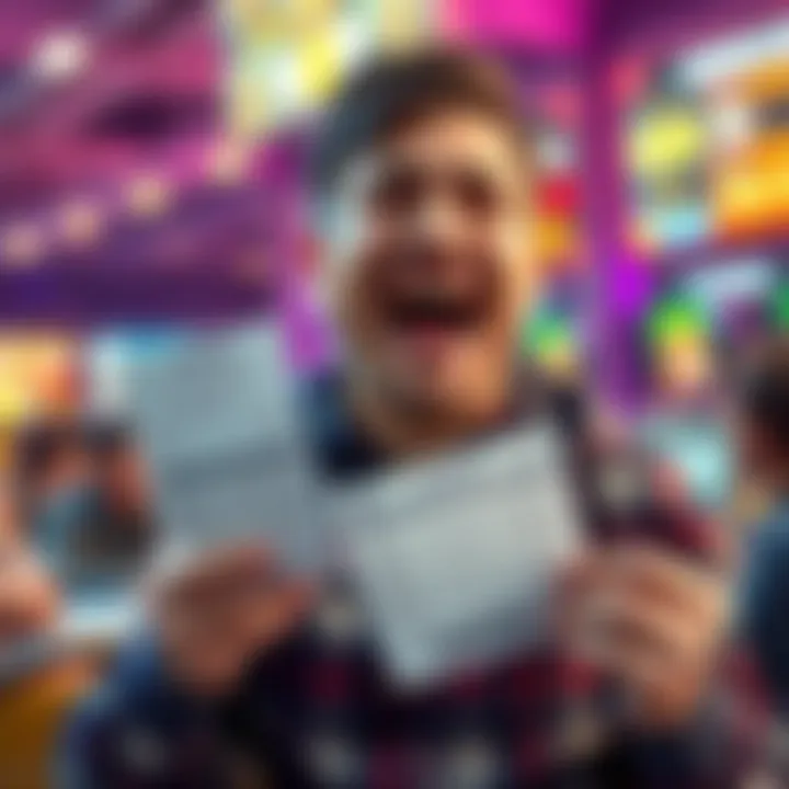 Gambler Celebrates Near Win An excited gambler shows a betting slip for a 13-leg parlay that fell short of winning $5.8k, with a mix of joy and disappointment on their face.