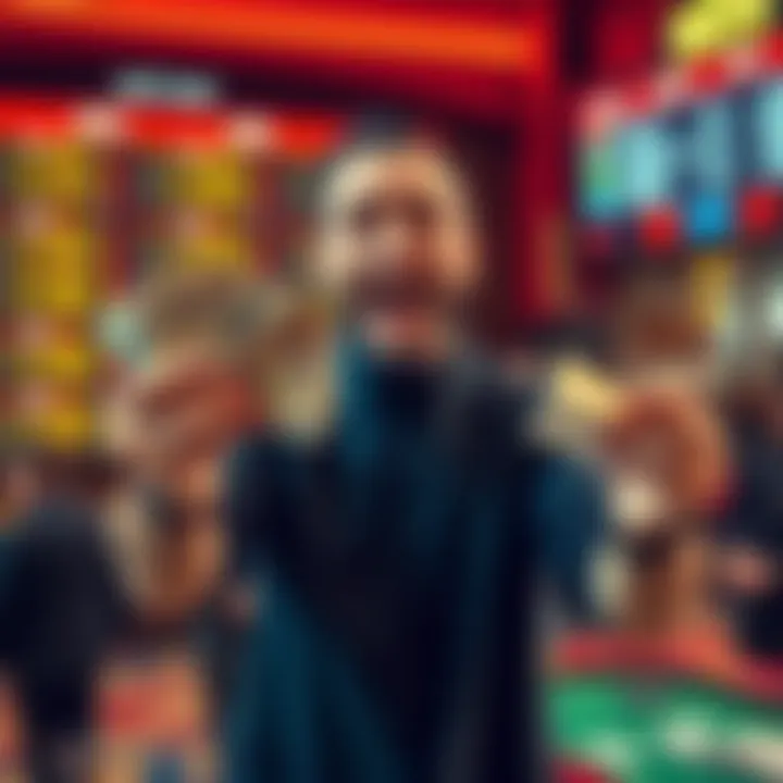 A gambler holds cash in one hand and a betting slip in the other, showing excitement about a new wager, with a sports betting board visible in the background.