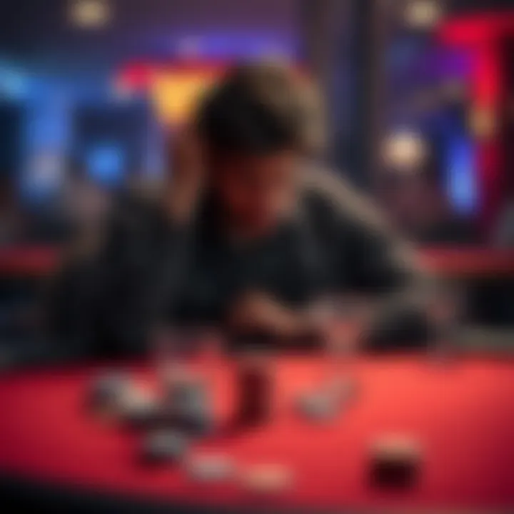 A person sitting at a poker table with a worried expression, stacks of chips and a few empty drink glasses scattered around, symbolizing the struggle with gambling addiction.