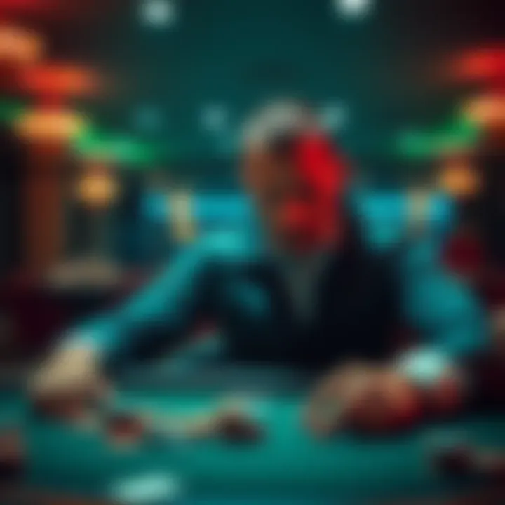 A focused gambler sitting at a poker table, surrounded by cards and chips, with an intense expression as they play a high-stakes game.