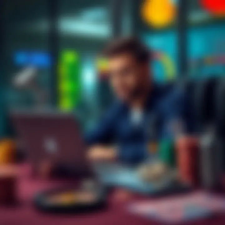 A focused gambler sitting at a desk, looking at their laptop with a concerned expression, surrounded by budgeting tools and casino-themed items.