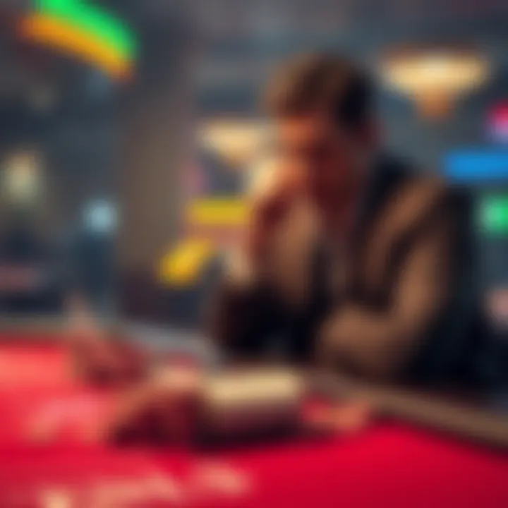 A gambler sits at a table with empty chips, deep in thought after losing a bankroll. They appear remorseful while looking at a betting slip.