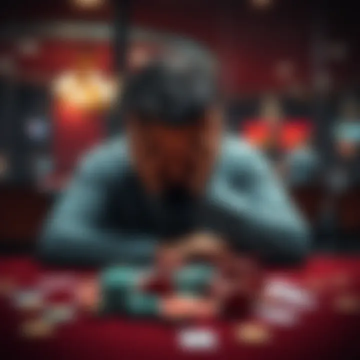 A man sitting alone at a table with his head in his hands, surrounded by gambling chips and cards, showing signs of distress and reflection.