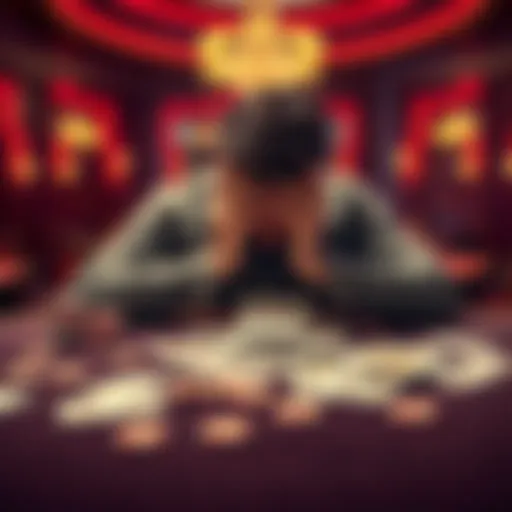 A person sitting at a casino table with their head in hands, surrounded by playing cards and empty chips, capturing the despair of gambling loss