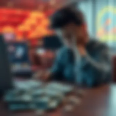 A person looking distressed while staring at a laptop screen showing gambling sites, with a pile of cash on the table, symbolizing a loss.