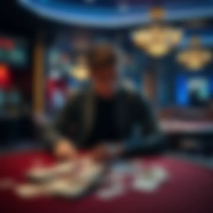 A gambler sits alone at a table, looking somber and pensive after a big loss, with cash scattered around and a dimly lit casino in the background.