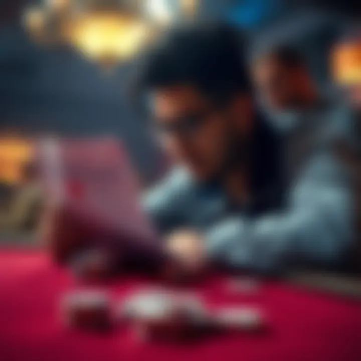 A person sits at a table with empty poker chips, looking thoughtfully at a report of their gambling losses, symbolizing reflection and acceptance.