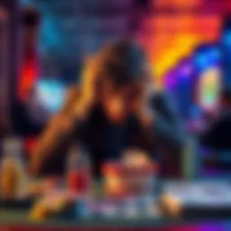 A person sitting at a table with their head in their hands, surrounded by gambling items, showing frustration and despair.