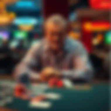 A 50-year-old man sitting at a casino table with a concerned expression, surrounded by gambling chips and cards, symbolizing his struggle with addiction and finances.