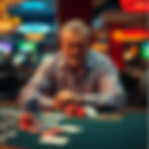 A 50-year-old man sitting at a casino table with a concerned expression, surrounded by gambling chips and cards, symbolizing his struggle with addiction and finances.