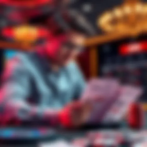 A person analyzing various betting slips and options at a table, looking thoughtful and engaged in decision-making.