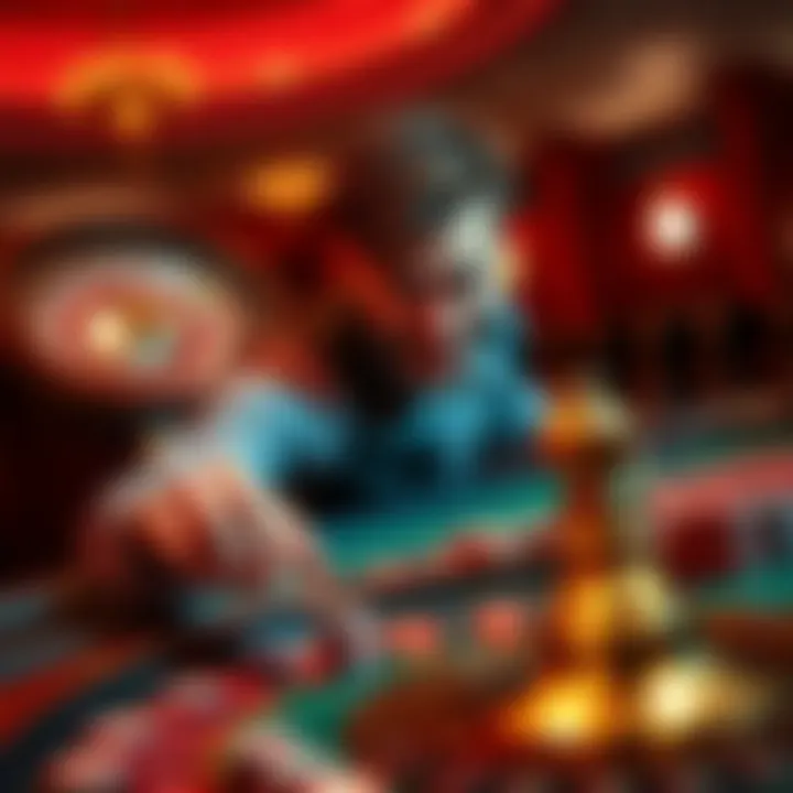 A focused gambler placing bets at a roulette table, showing a mix of excitement and anxiety as chips scatter on the green felt.