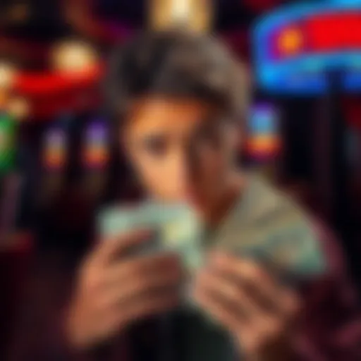 A young person looking worried while holding a stack of money and a gambling ticket, representing their struggles with gambling losses and seeking advice.