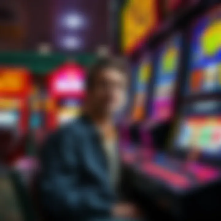 Gambler at Slot Machine A person sits at a slot machine with a mixed expression of excitement and disappointment after a gambling session.