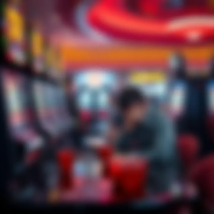A person sitting in front of a slot machine, looking shocked and disappointed after losing money, with empty drink cups on the table.