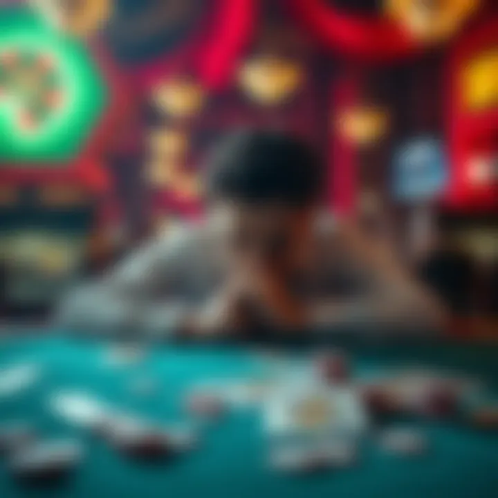 A person sits alone at a casino table, looking distressed and overwhelmed by financial stress from gambling, with cards and chips scattered in front of them.