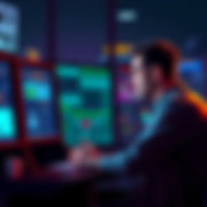 A worried gambler discussing a fake crypto investment scheme with a hotline operator, looking at a computer screen filled with scam warnings.