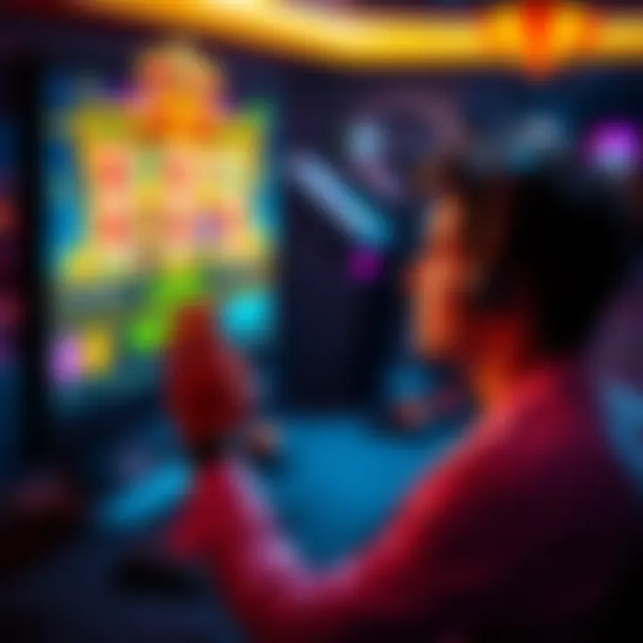 A person sitting at a computer, watching a livestream of a streamer celebrating a big win in a slot game, while looking disappointed at their own screen with lesser outcomes.
