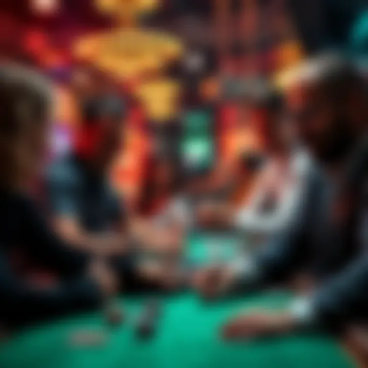 Gamblers discussing strategies A group of people sharing tips and strategies for gambling at a table, with cards and chips in front of them.