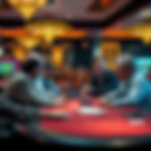 A group of gamblers sitting around a casino table, discussing their experiences with HT in gambling.