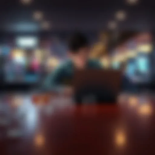 A person sits alone at a table, looking distressed while reviewing gambling losses on a laptop. Empty drink glasses are scattered on the table, symbolizing a night of regret.