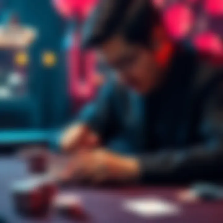 A person studying a deck of cards and chips at a gambling table, focused on improving skills and strategies.