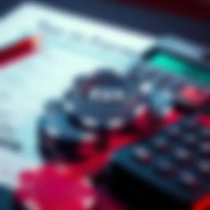 A close-up of gambling chips next to tax forms and a calculator, illustrating the connection between gambling winnings and tax reporting.