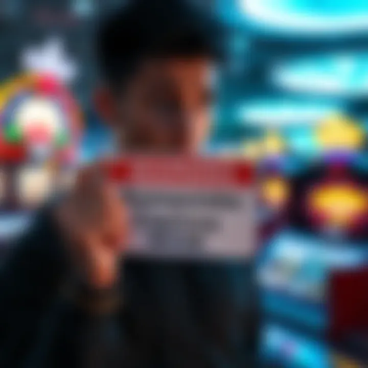 A person holding a warning sign about sweepstake casinos while looking concerned, with casino elements in the background