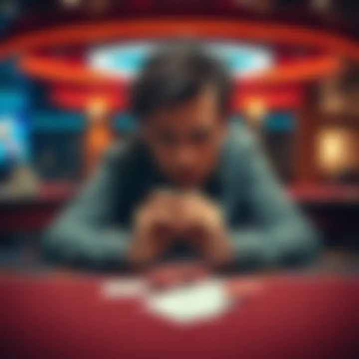 A person looking at gambling chips and cards with a distressed expression, surrounded by empty casino tables