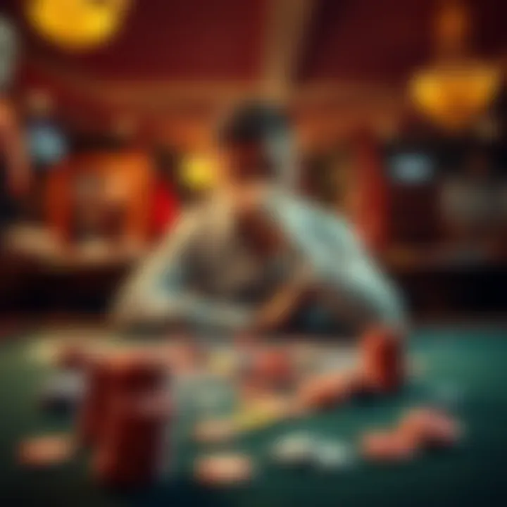 A person sitting at a table with scattered gambling chips and a worried expression, reflecting on financial struggles.