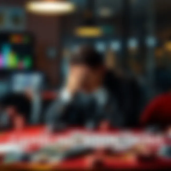 A person with their head in their hands, sitting at a table covered in gambling paraphernalia, symbolizing the struggle of gambling addiction and its emotional toll.