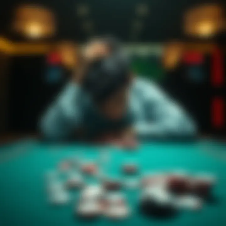 A person sitting alone at a table, holding their head in despair with gambling chips scattered around, reflecting emotional struggle and loss.