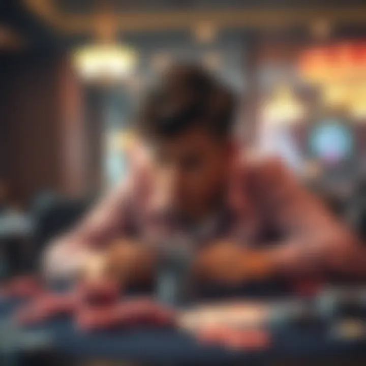 A person sits at a table with gambling chips and cards, looking distressed and contemplative, highlighting the emotional struggle of addiction.