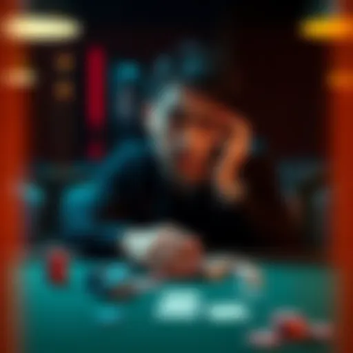 A person sitting at a table with poker chips and cards, looking contemplative and distressed, symbolizing the struggle with gambling addiction.