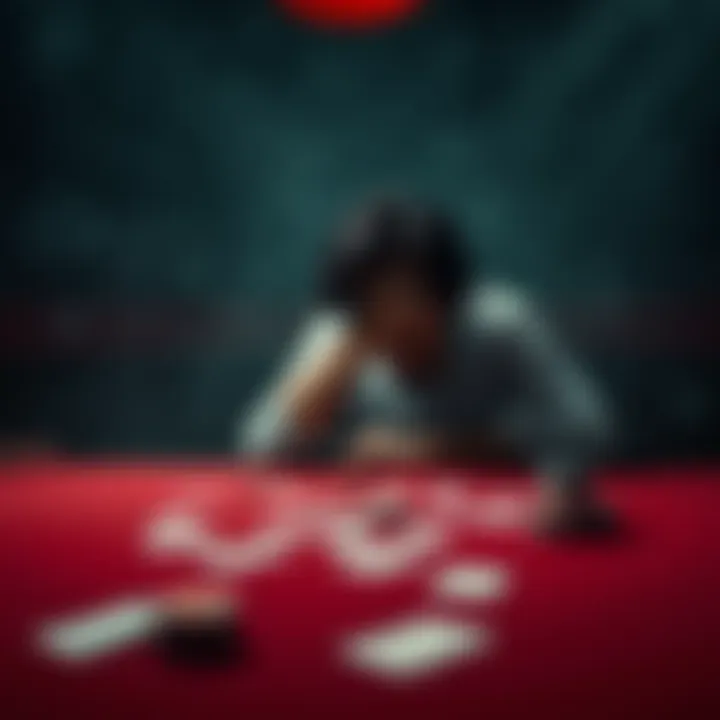 A person sitting alone at a table with playing cards, looking distressed and lost in thought, representing the struggle with gambling addiction and mental health issues.