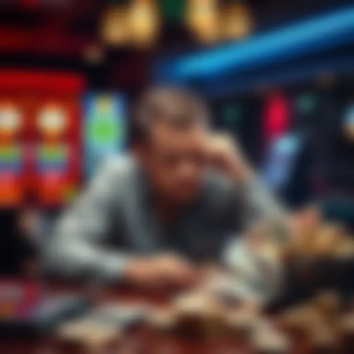 A man sitting at a table with bills and a gambling device, looking stressed and contemplative about his financial situation.