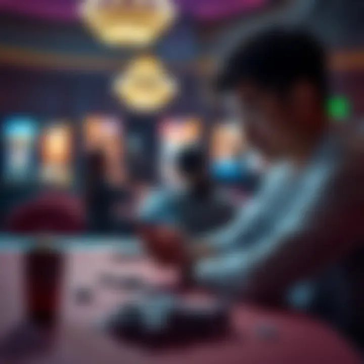 Person Reflecting on Gambling Loss A person sitting at a table looking stressed while holding a smartphone with casino games on the screen.