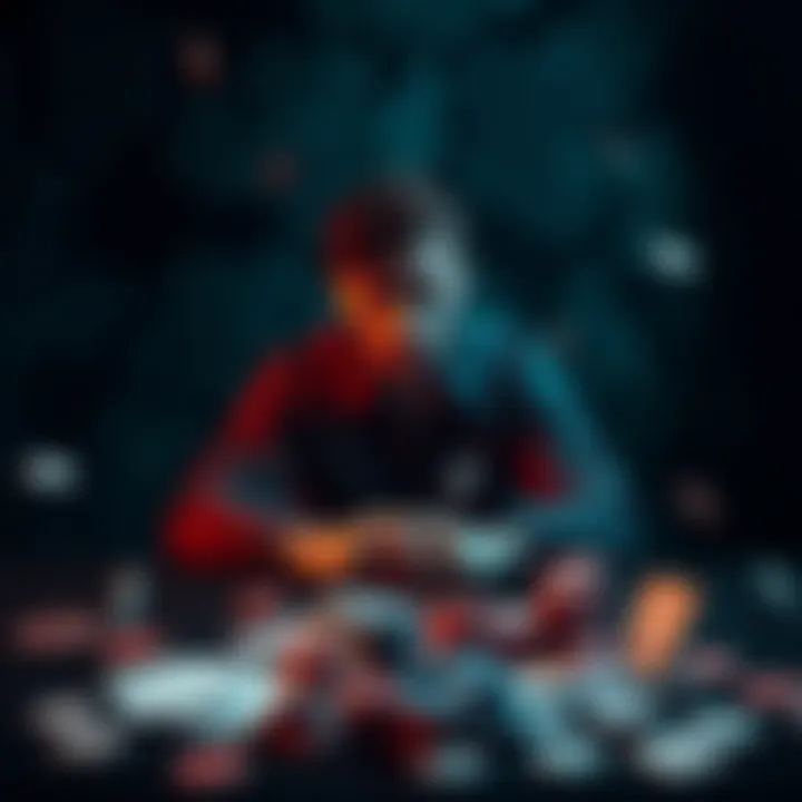 A person sitting alone with a worried expression, surrounded by scattered playing cards and chips, showing the emotional struggle of gambling addiction.