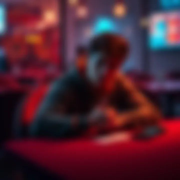 A young adult sitting alone at a table, looking pensive with bills and a phone nearby, representing the challenges of gambling addiction.