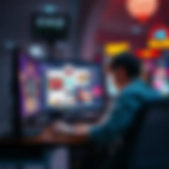 A person sitting in front of a computer, looking distressed while scrolling through social media feeds filled with gambling ads.